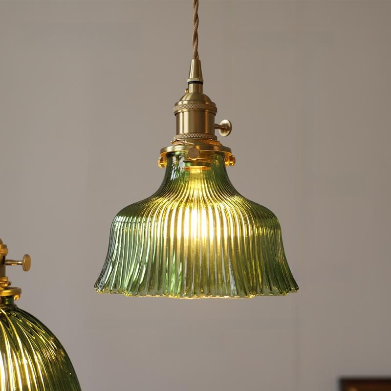 Dark Green Glass Pendant Light for Dining Room, Bedroom, Bar, Café - Retro Brass Hanging Lamps