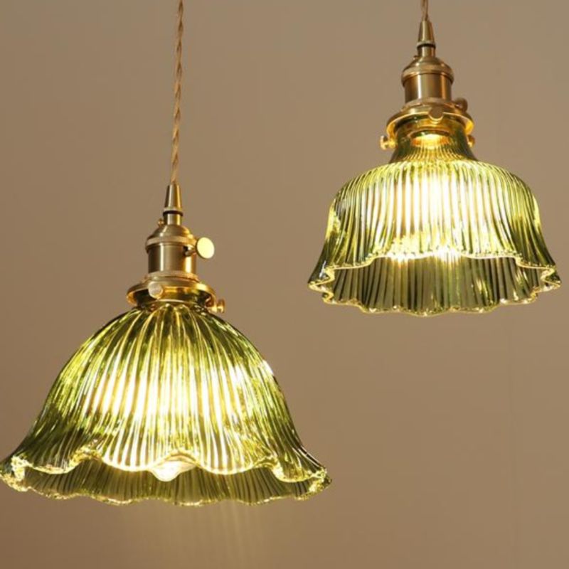 Dark Green Glass Pendant Light for Dining Room, Bedroom, Bar, Café - Retro Brass Hanging Lamps