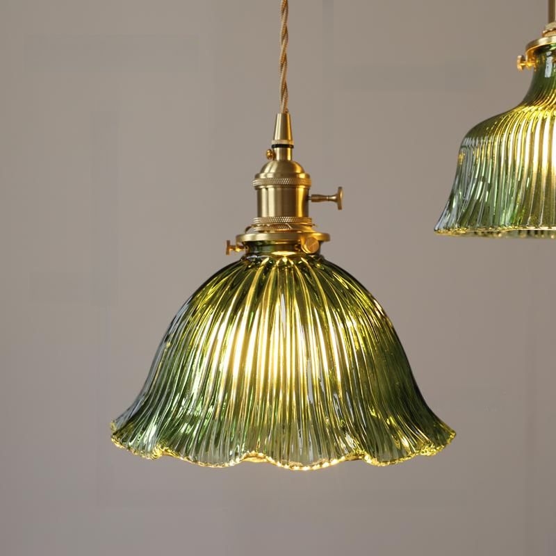 Dark Green Glass Pendant Light for Dining Room, Bedroom, Bar, Café - Retro Brass Hanging Lamps