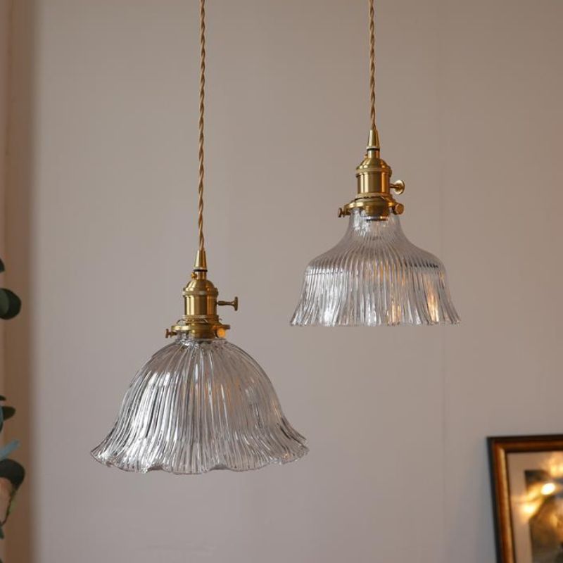 Dark Green Glass Pendant Light for Dining Room, Bedroom, Bar, Café - Retro Brass Hanging Lamps