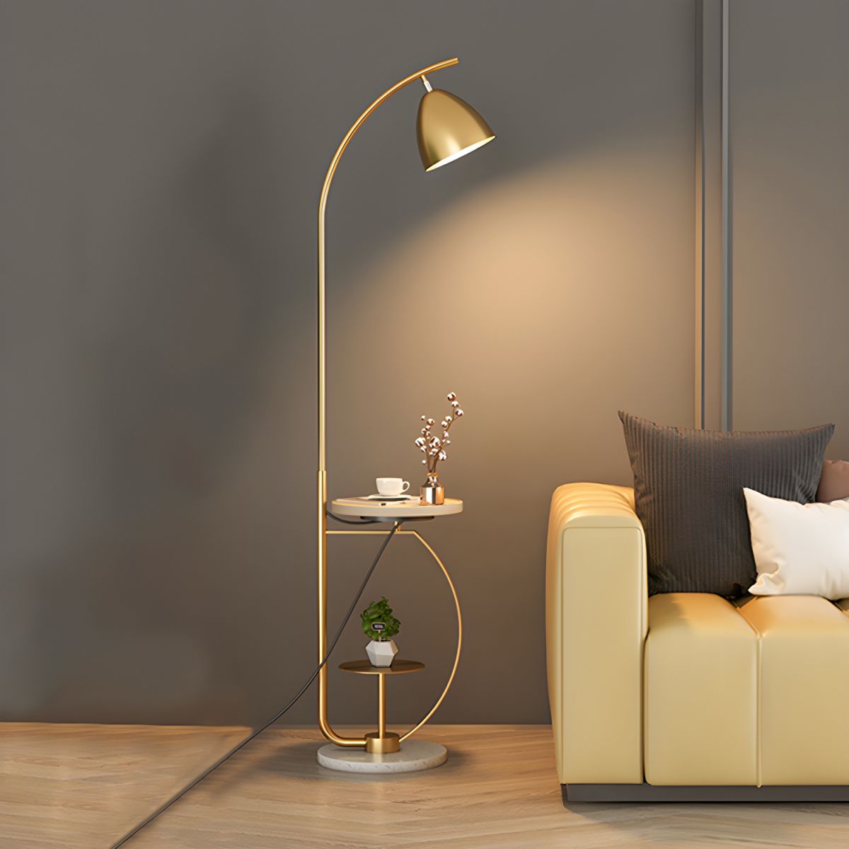 Nordic Design Gold Shelf Floor Lamp for Living Room, Marble Nightstand Light