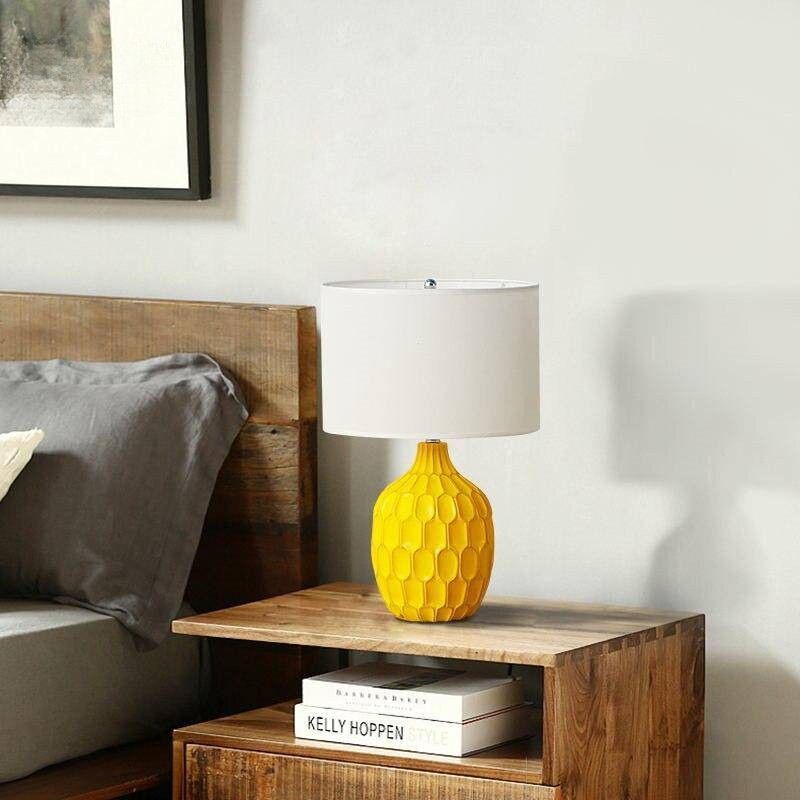 Yellow Bedside Lamp with Fabric Shade - Hotel Style