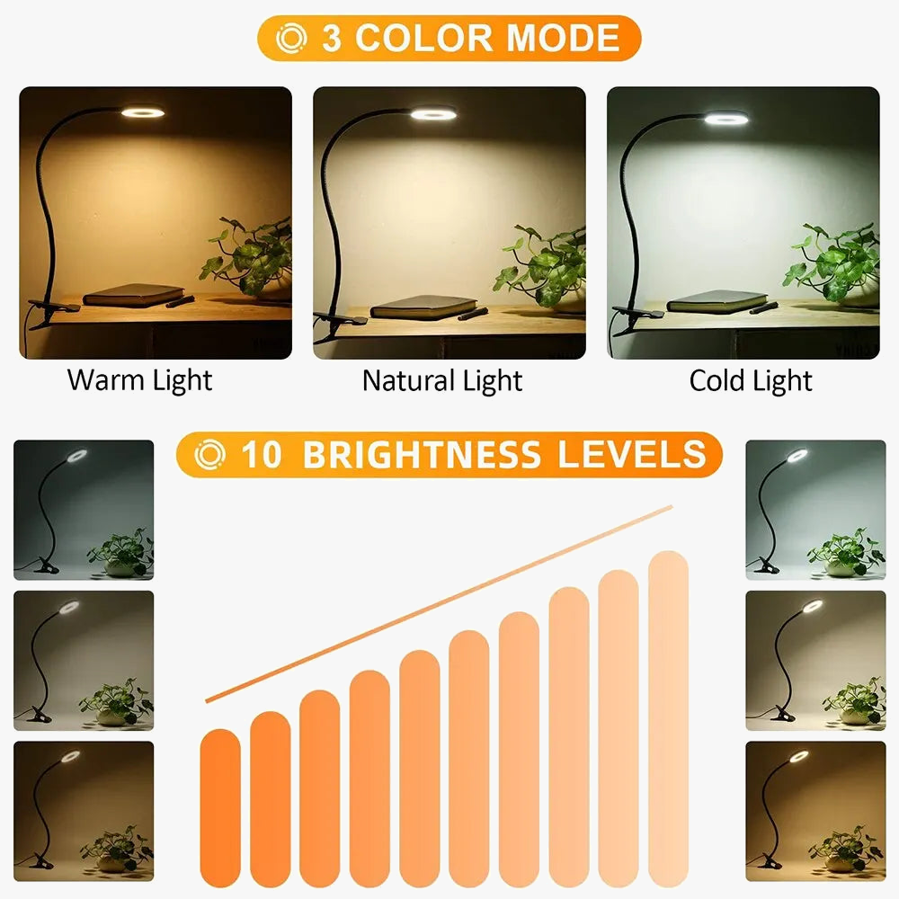 48 LED USB Clip Desk Lamp, 360° Flexible Eye Protection Reading Light with 3 Brightness Levels