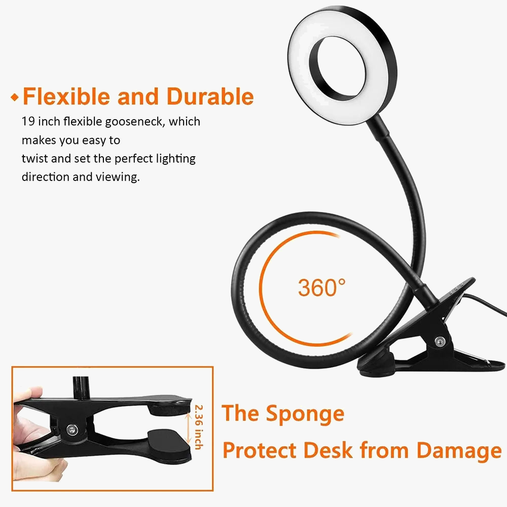 48 LED USB Clip Desk Lamp, 360° Flexible Eye Protection Reading Light with 3 Brightness Levels