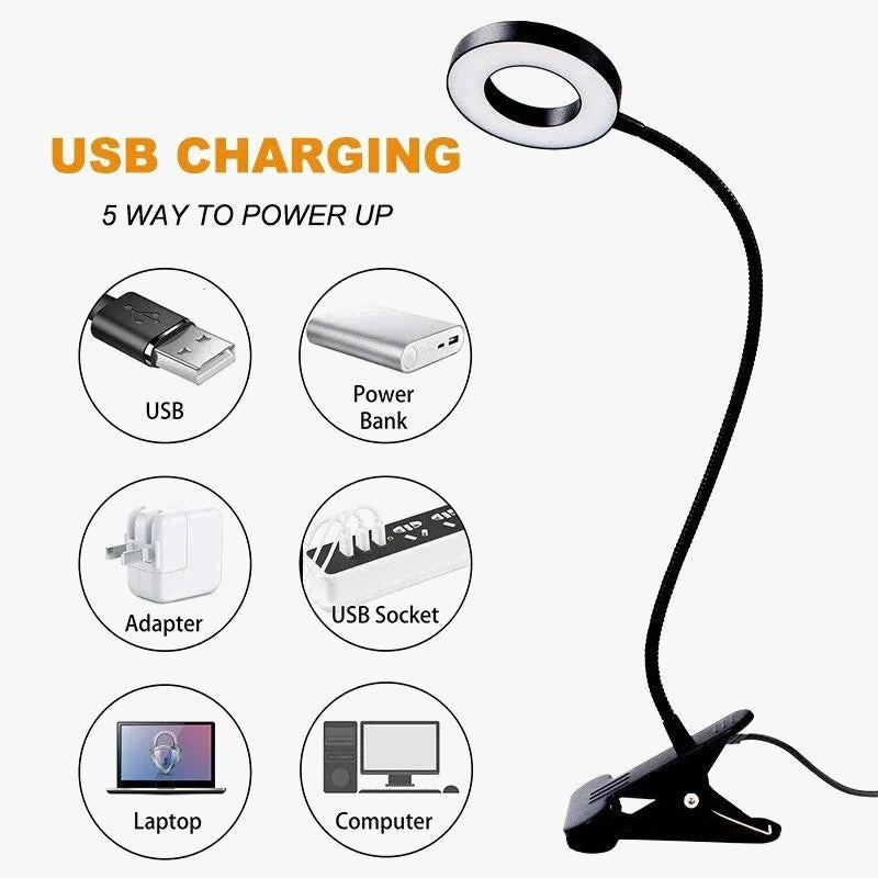 48 LED USB Clip Desk Lamp, 360° Flexible Eye Protection Reading Light with 3 Brightness Levels