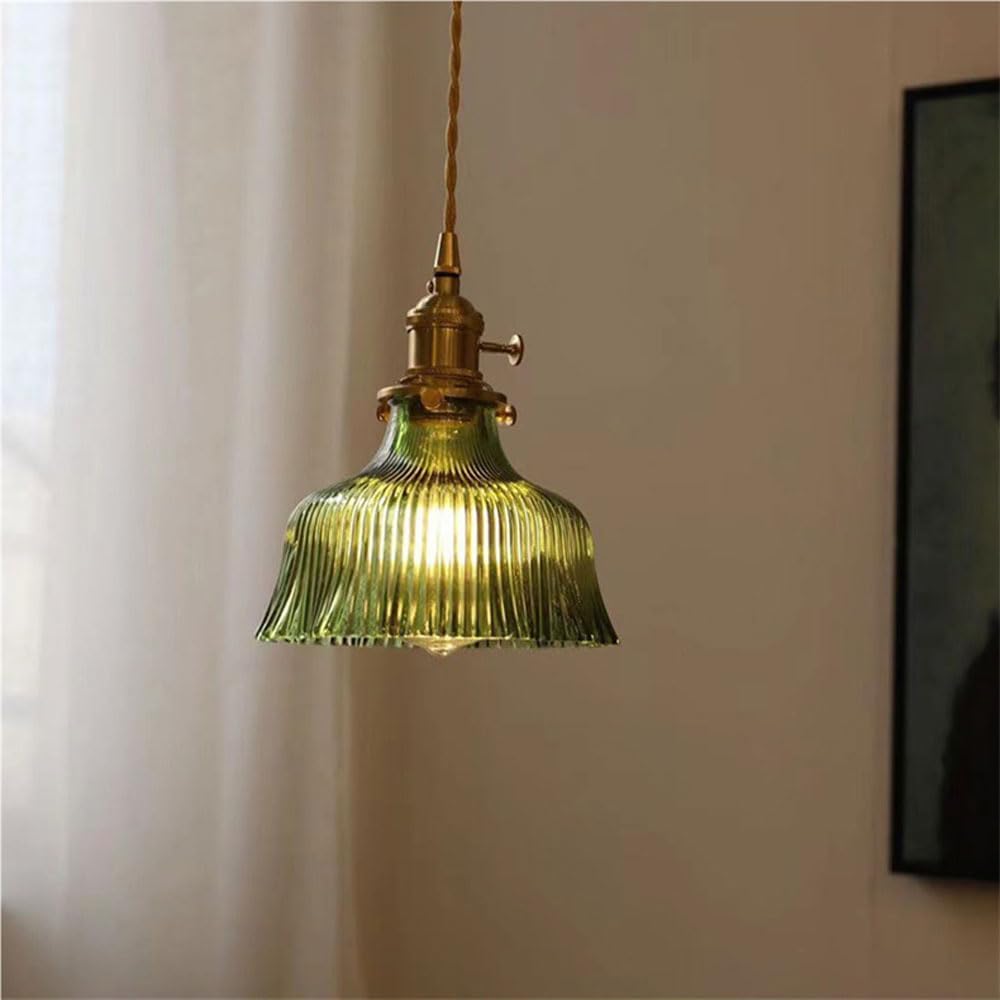 Dark Green Glass Pendant Light for Dining Room, Bedroom, Bar, Café - Retro Brass Hanging Lamps