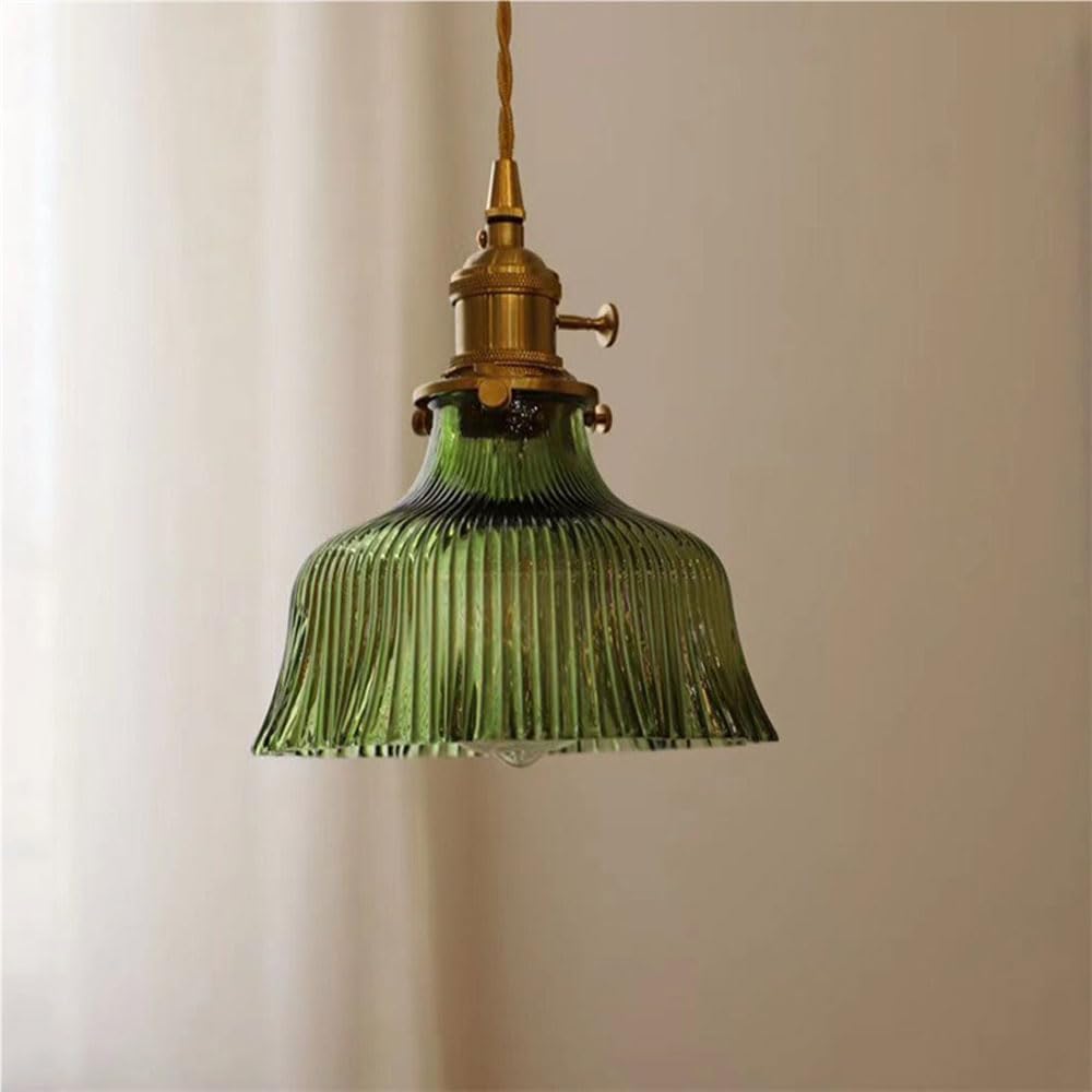 Dark Green Glass Pendant Light for Dining Room, Bedroom, Bar, Café - Retro Brass Hanging Lamps