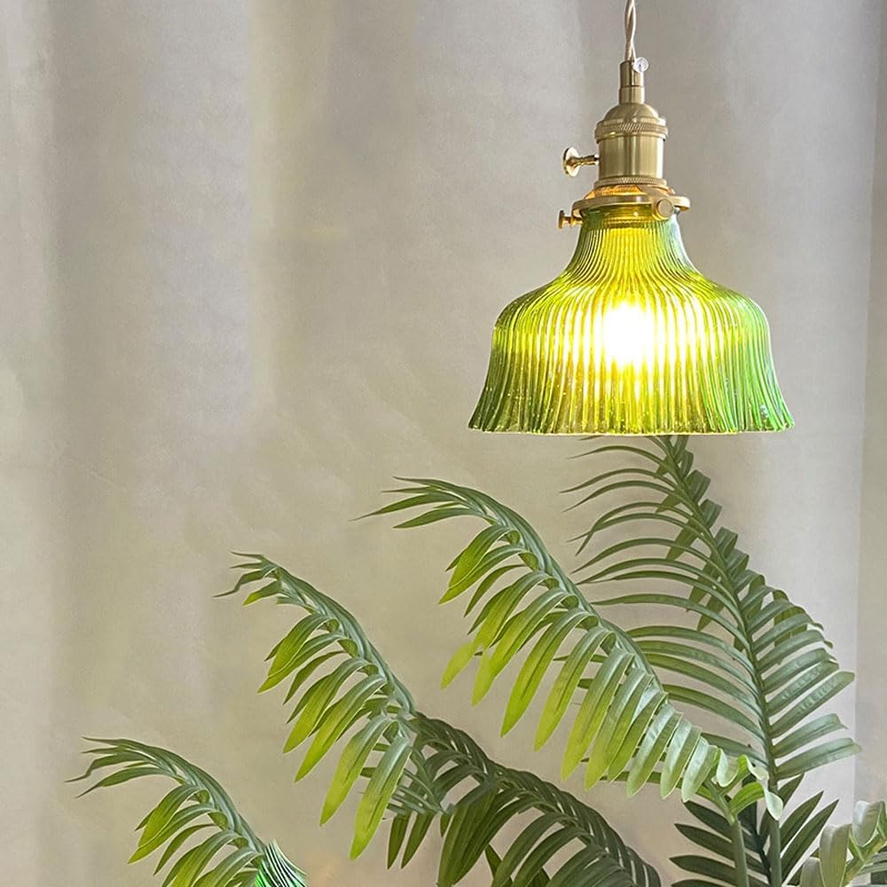 Dark Green Glass Pendant Light for Dining Room, Bedroom, Bar, Café - Retro Brass Hanging Lamps