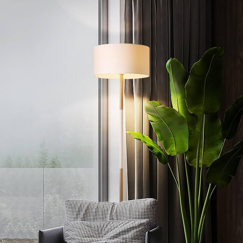 Fabric Shade Floor Lamp with Wooden Base