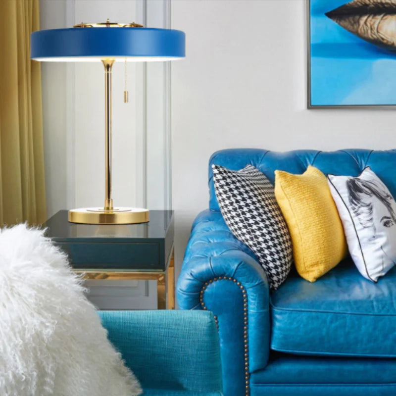Gold Table Lamp with Black Metal Cylindrical Shade