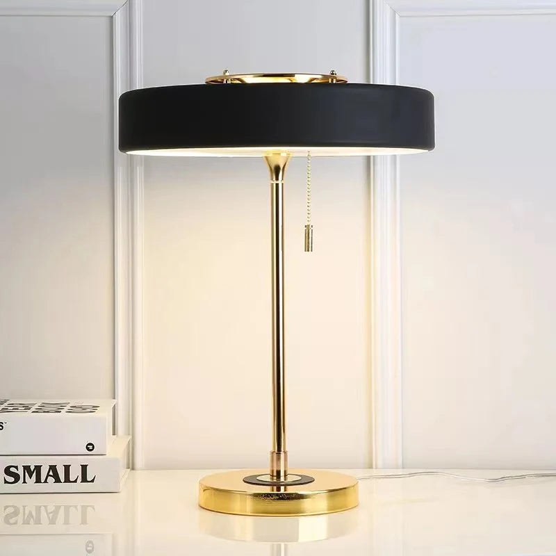 Gold Table Lamp with Black Metal Cylindrical Shade