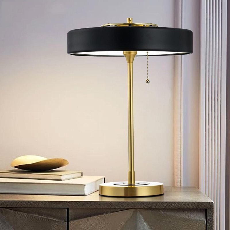Gold Table Lamp with Black Metal Cylindrical Shade