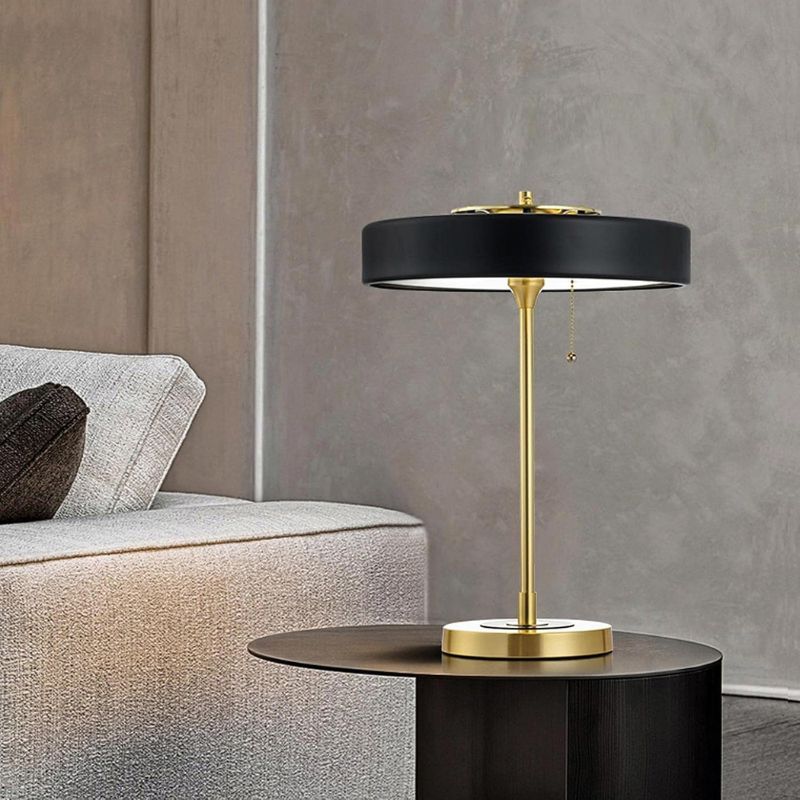 Gold Table Lamp with Black Metal Cylindrical Shade