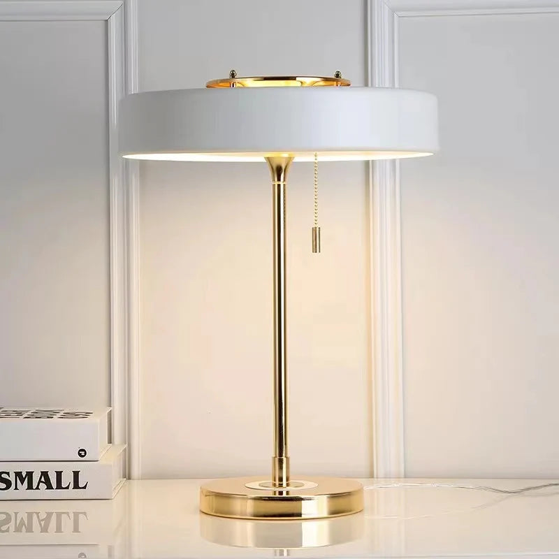Gold Table Lamp with Black Metal Cylindrical Shade