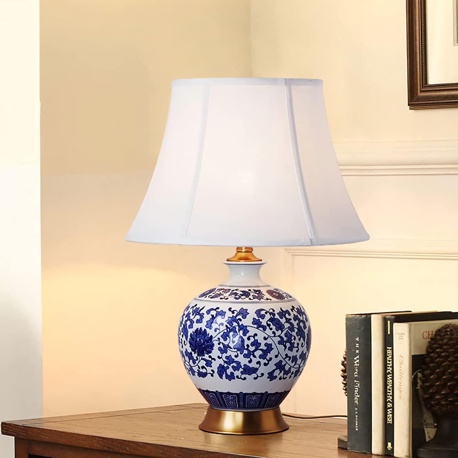 Blue Ceramic LED Table Lamp with White Shade - Japanese Style