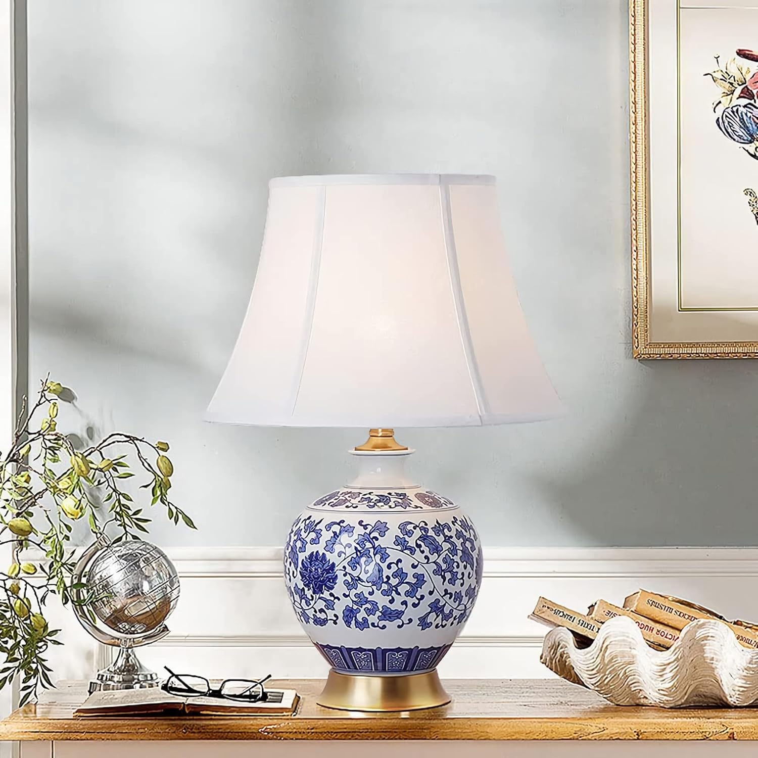 Blue Ceramic LED Table Lamp with White Shade - Japanese Style