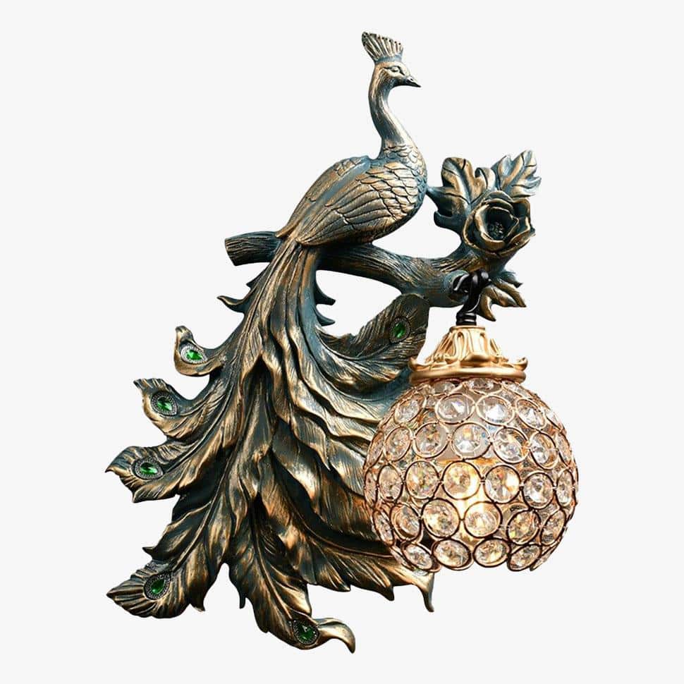 Vintage LED Wall Sconce with Glass Globe and Metal Peacock