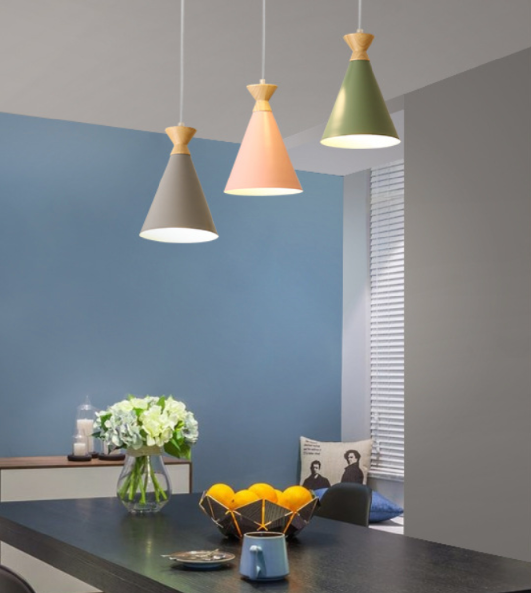 Scandinavian Pendant Light with Cone Shade and Wood Accent