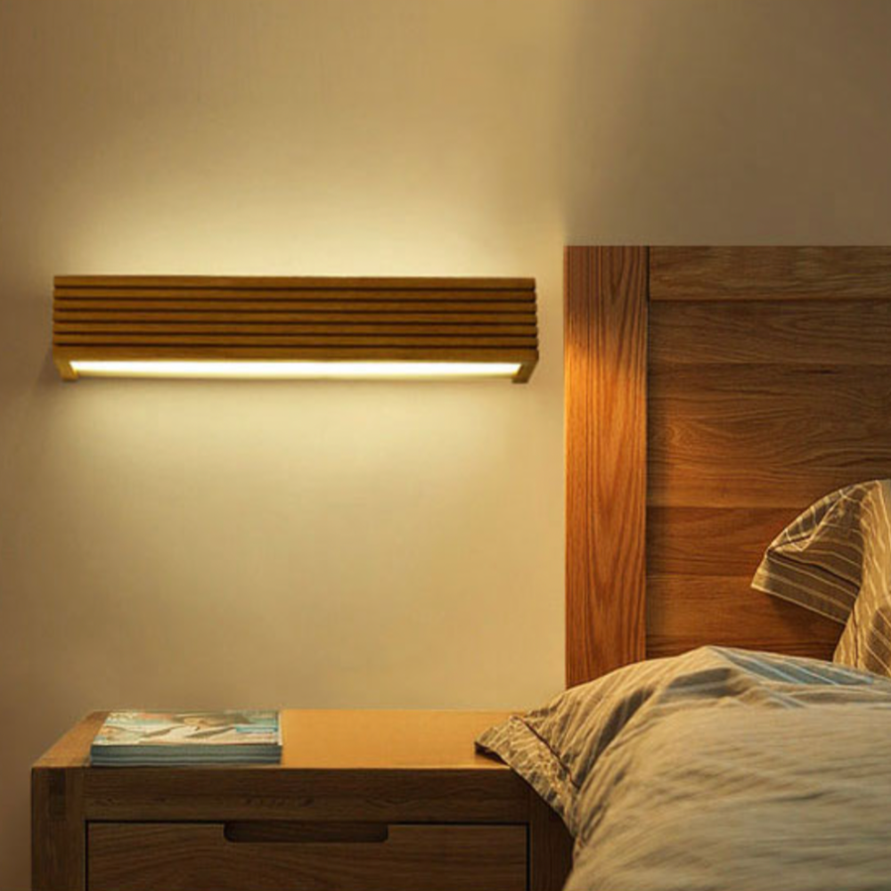 Rectangular LED Wall Sconce in Carved Wood - Japan Style