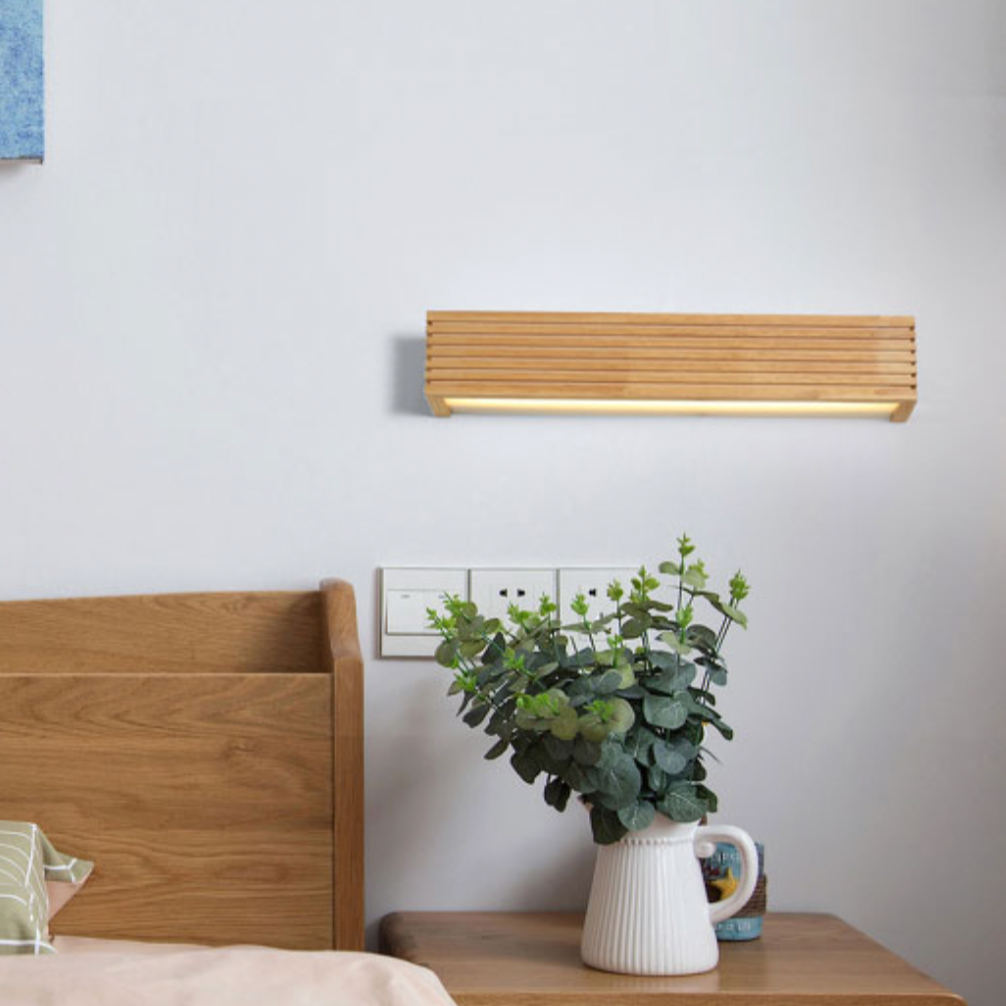 Rectangular LED Wall Sconce in Carved Wood - Japan Style
