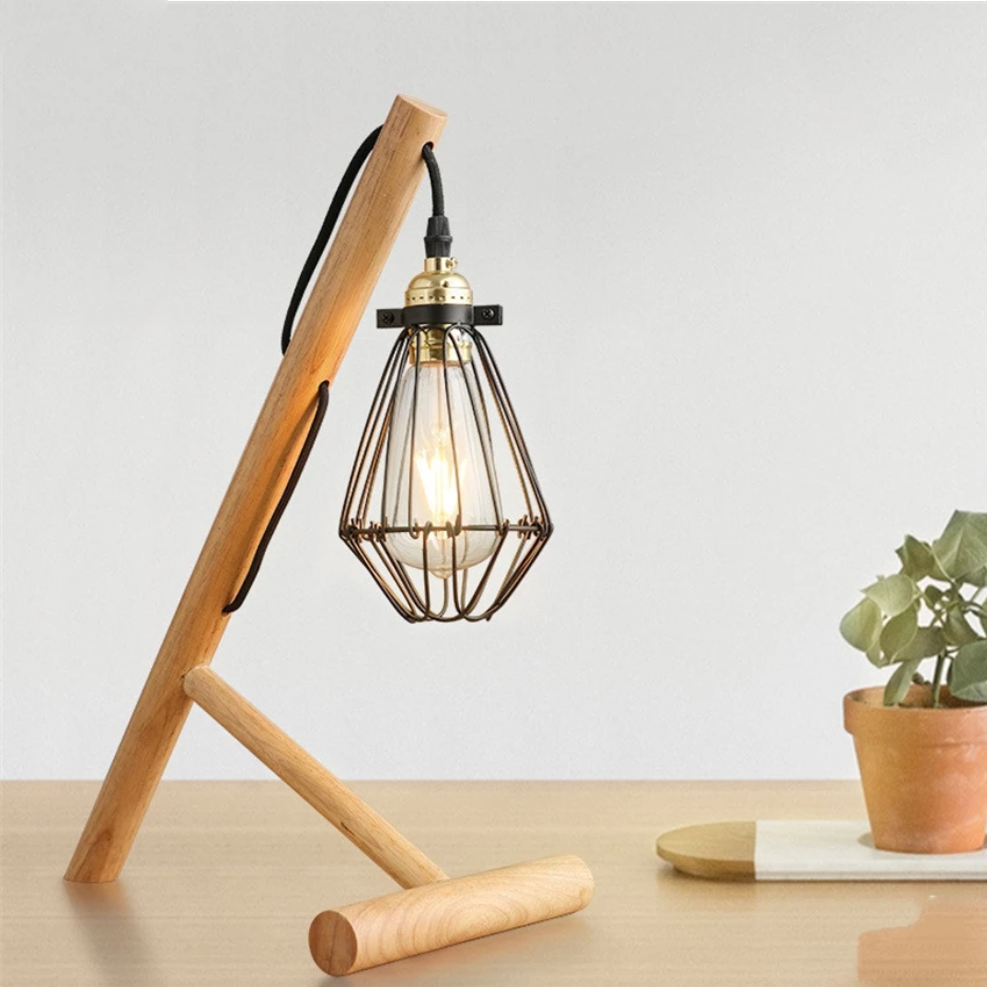 Wood Base Desk or Nightstand Lamp with Metal Cage Shade