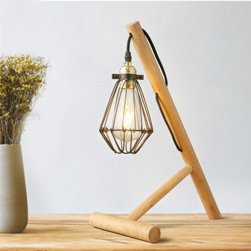 Wood Base Desk or Nightstand Lamp with Metal Cage Shade
