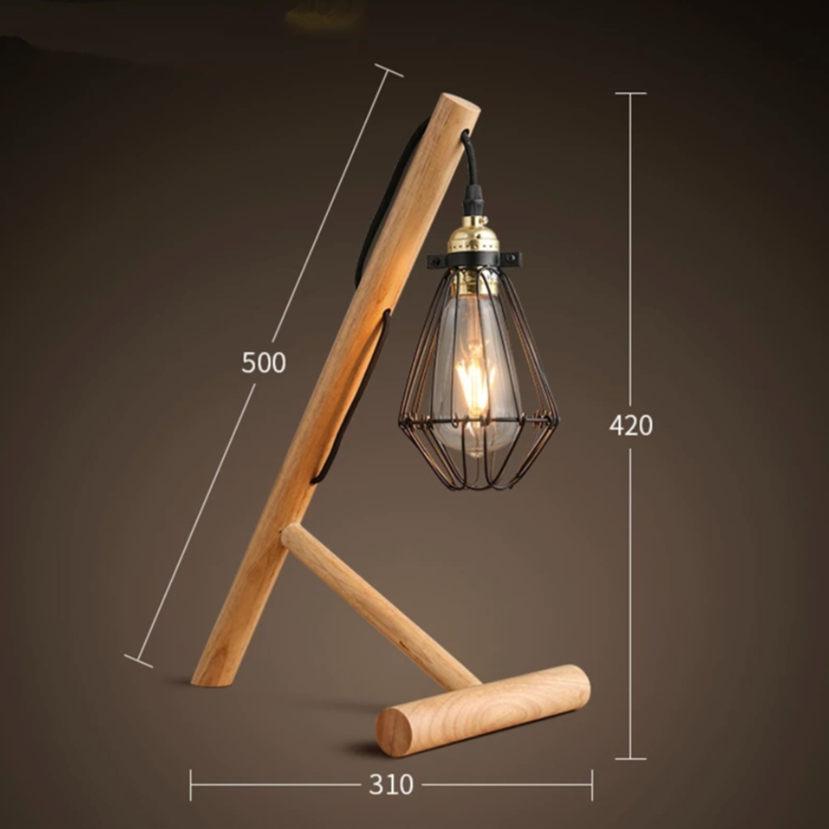 Wood Base Desk or Nightstand Lamp with Metal Cage Shade