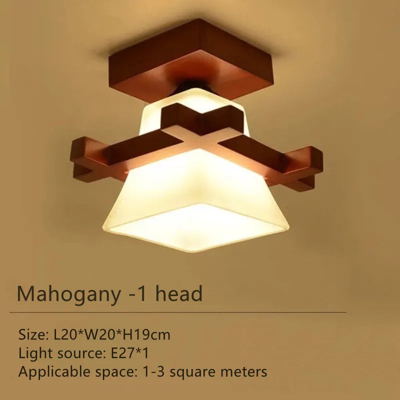 Japanese LED Ceiling Light with Glass Shade and Wooden Base