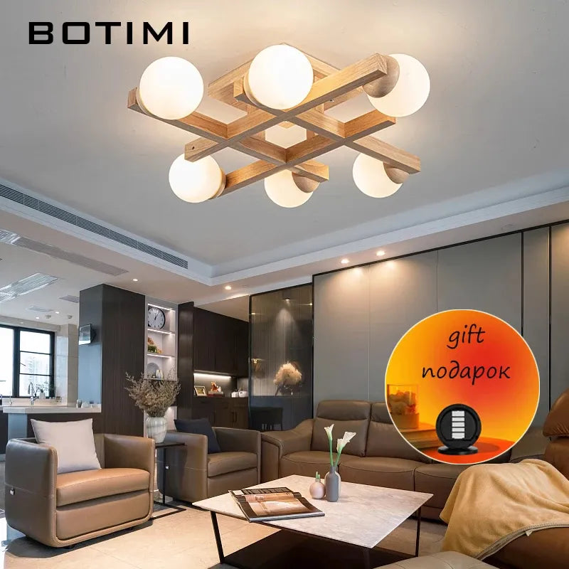 Modern Wooden Ceiling Light with Glass Shade for Living Room