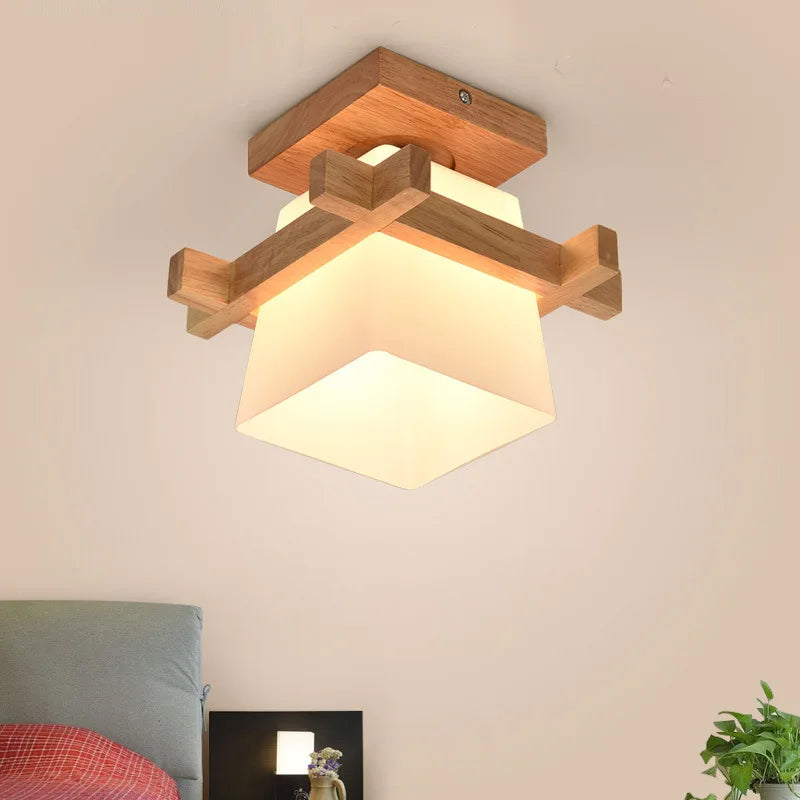 Modern Japanese Cottage Wood LED Ceiling Light with Glass Shade for Hallway and Balcony