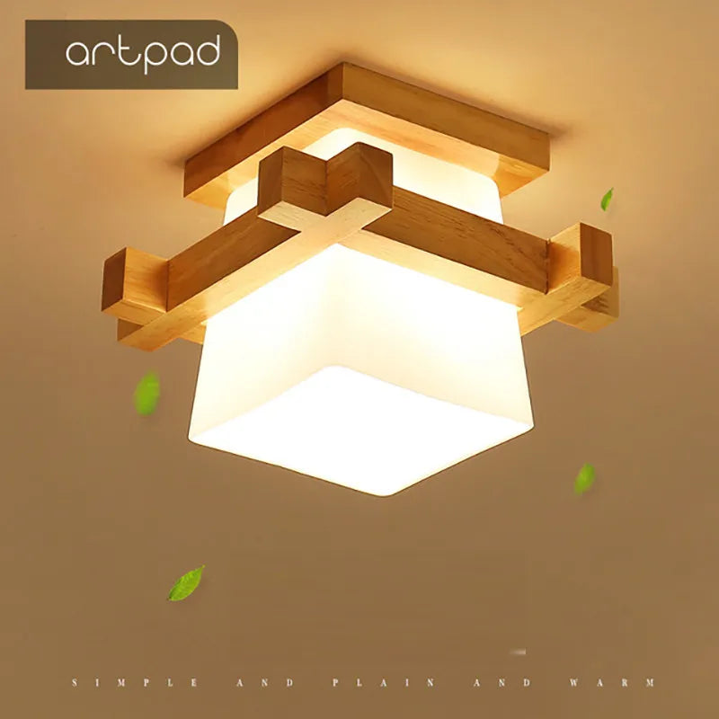 Modern Japanese Cottage Wood LED Ceiling Light with Glass Shade for Hallway and Balcony