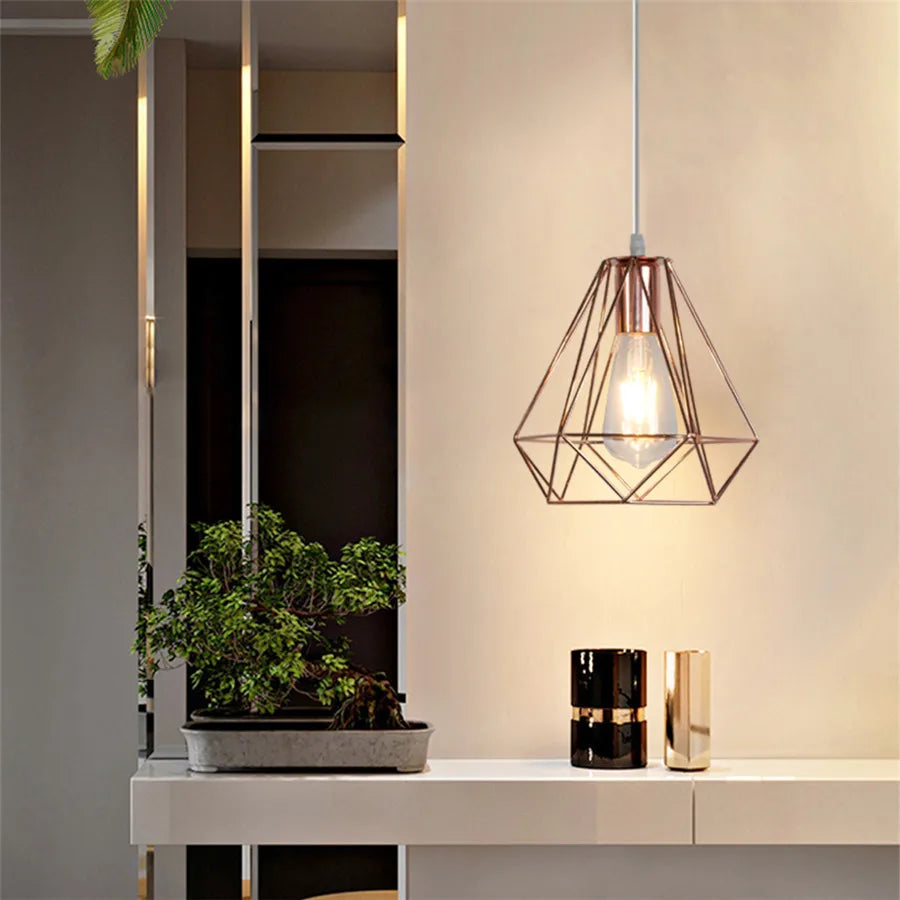 Modern Iron Cage Pendant Ceiling Light for Kitchen & Living Room - E27 Gold Rose