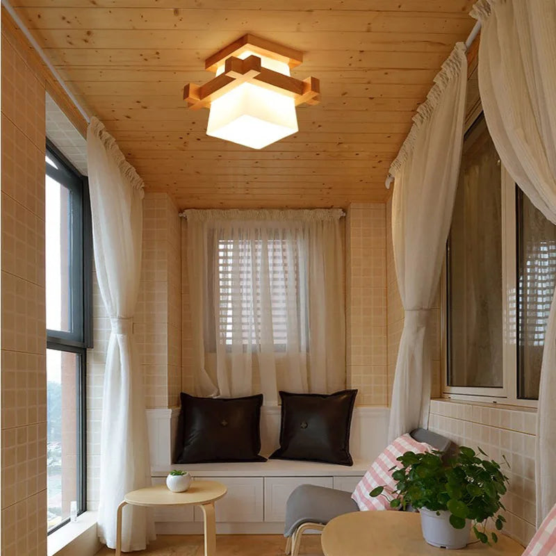 Modern Japanese Cottage Wood LED Ceiling Light with Glass Shade for Hallway and Balcony