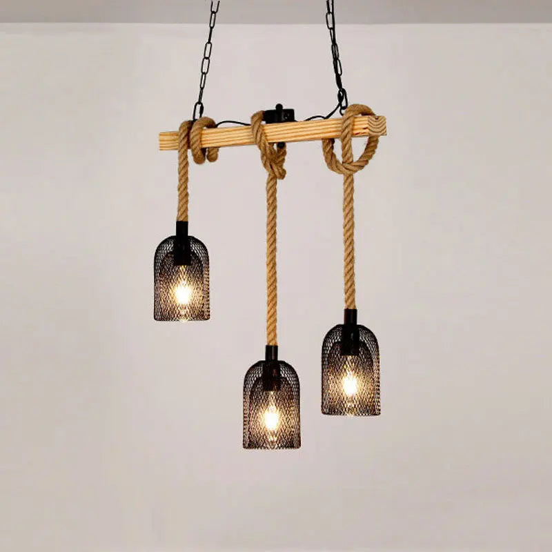 Retro Industrial Chandelier with 3 Wooden Heads and Hemp Rope