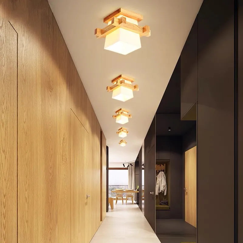 Japanese LED Ceiling Light with Glass Shade and Wooden Base
