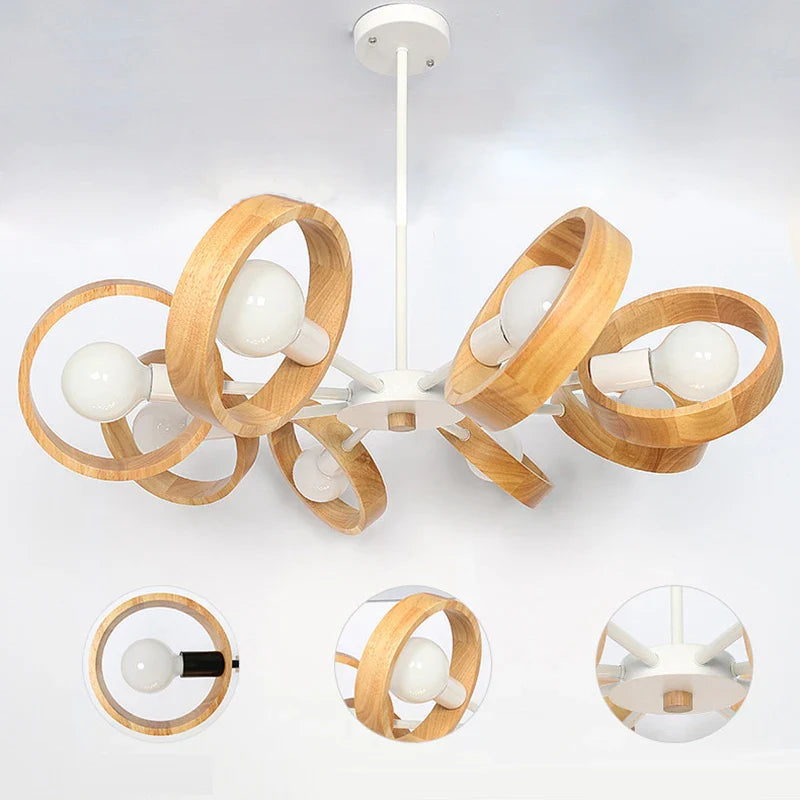 Nordic Wooden Chandelier Lamp for Living Room, Bedroom, Dining Room - Black Round Wood Shade E27 Pendant Light