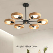 Nordic Wooden Chandelier Lamp for Living Room, Bedroom, Dining Room - Black Round Wood Shade E27 Pendant Light