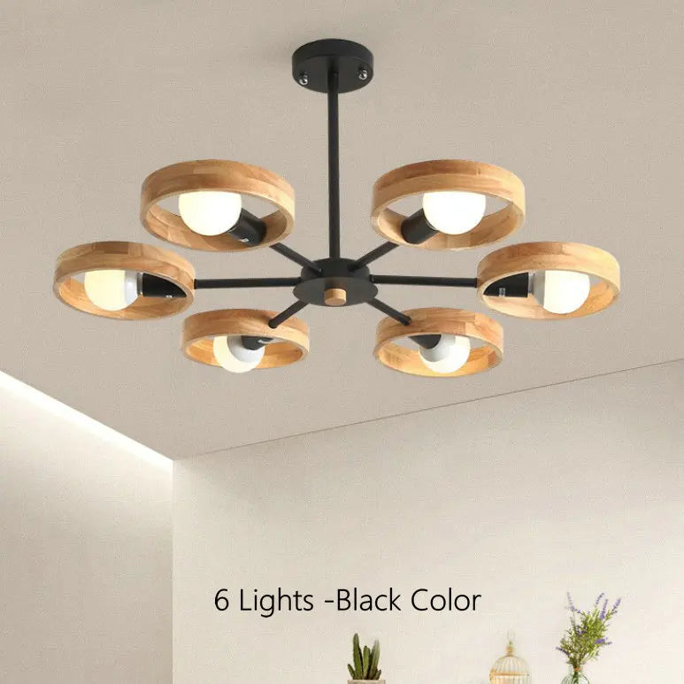 Nordic Wooden Chandelier Lamp for Living Room, Bedroom, Dining Room - Black Round Wood Shade E27 Pendant Light