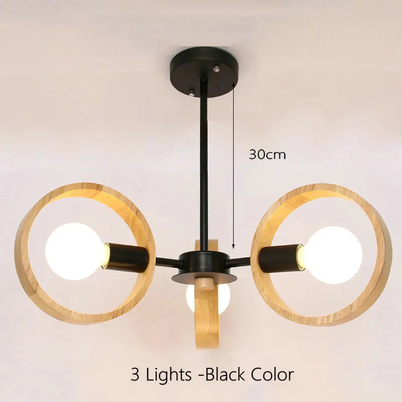 Nordic Wooden Chandelier Lamp for Living Room, Bedroom, Dining Room - Black Round Wood Shade E27 Pendant Light