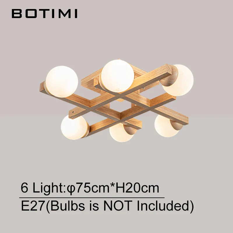 Modern Wooden Ceiling Light with Glass Shade for Living Room