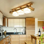 Japanese LED Ceiling Light with Glass Shade and Wooden Base