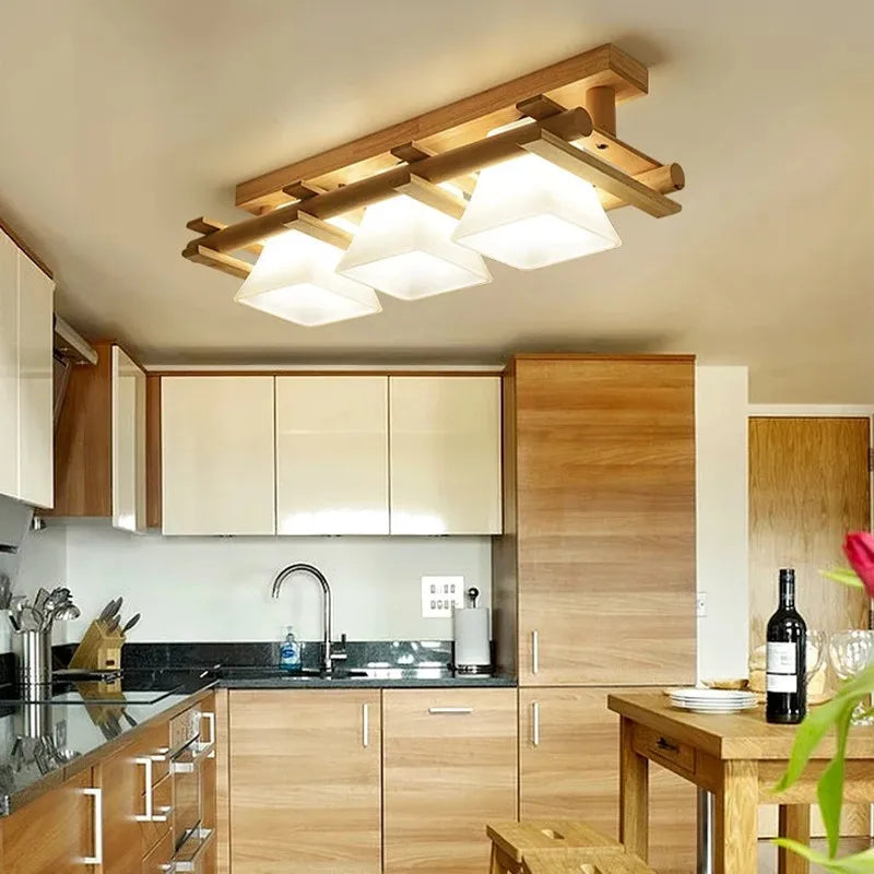 Japanese LED Ceiling Light with Glass Shade and Wooden Base