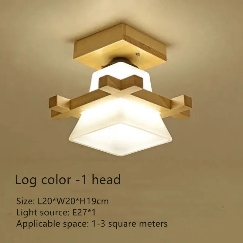Japanese LED Ceiling Light with Glass Shade and Wooden Base