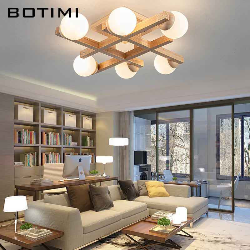 Modern Wooden Ceiling Light with Glass Shade for Living Room