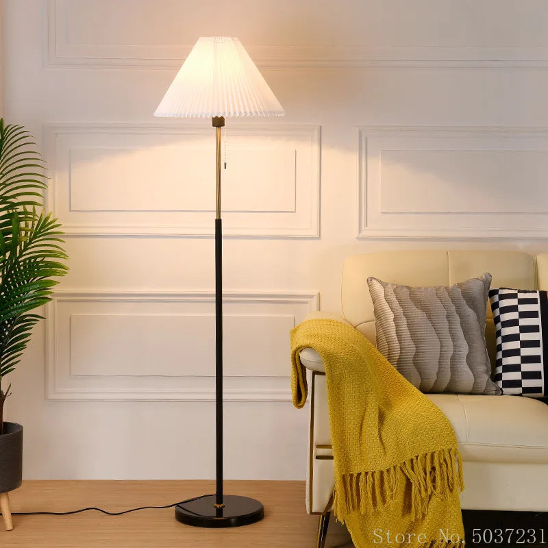 Modern Nordic LED Floor Lamp in Marble and Pleated Fabric
