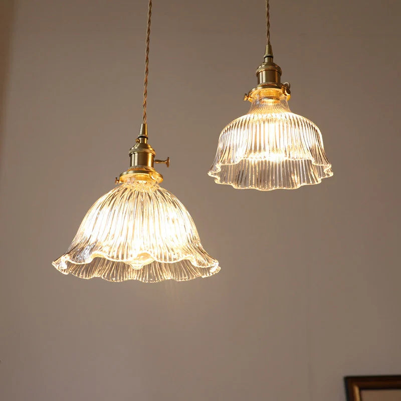 Dark Green Glass Pendant Light for Dining Room, Bedroom, Bar, Café - Retro Brass Hanging Lamps