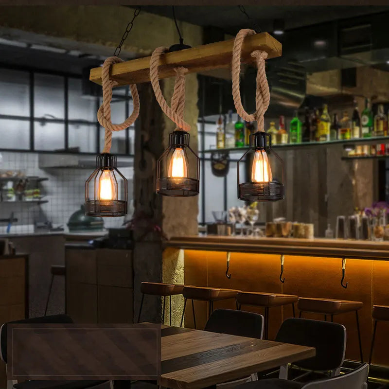 Retro Industrial Chandelier with 3 Wooden Heads and Hemp Rope