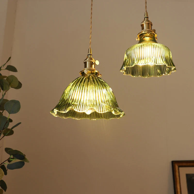 Dark Green Glass Pendant Light for Dining Room, Bedroom, Bar, Café - Retro Brass Hanging Lamps