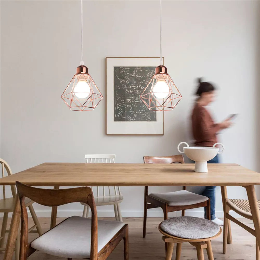 Modern Iron Cage Pendant Ceiling Light for Kitchen & Living Room - E27 Gold Rose