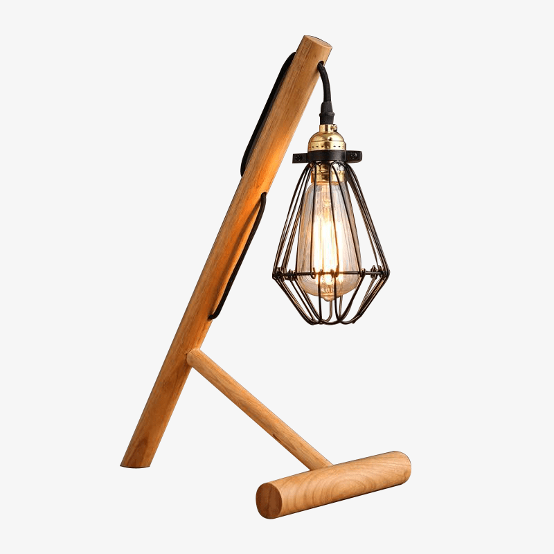 Wood Base Desk or Nightstand Lamp with Metal Cage Shade